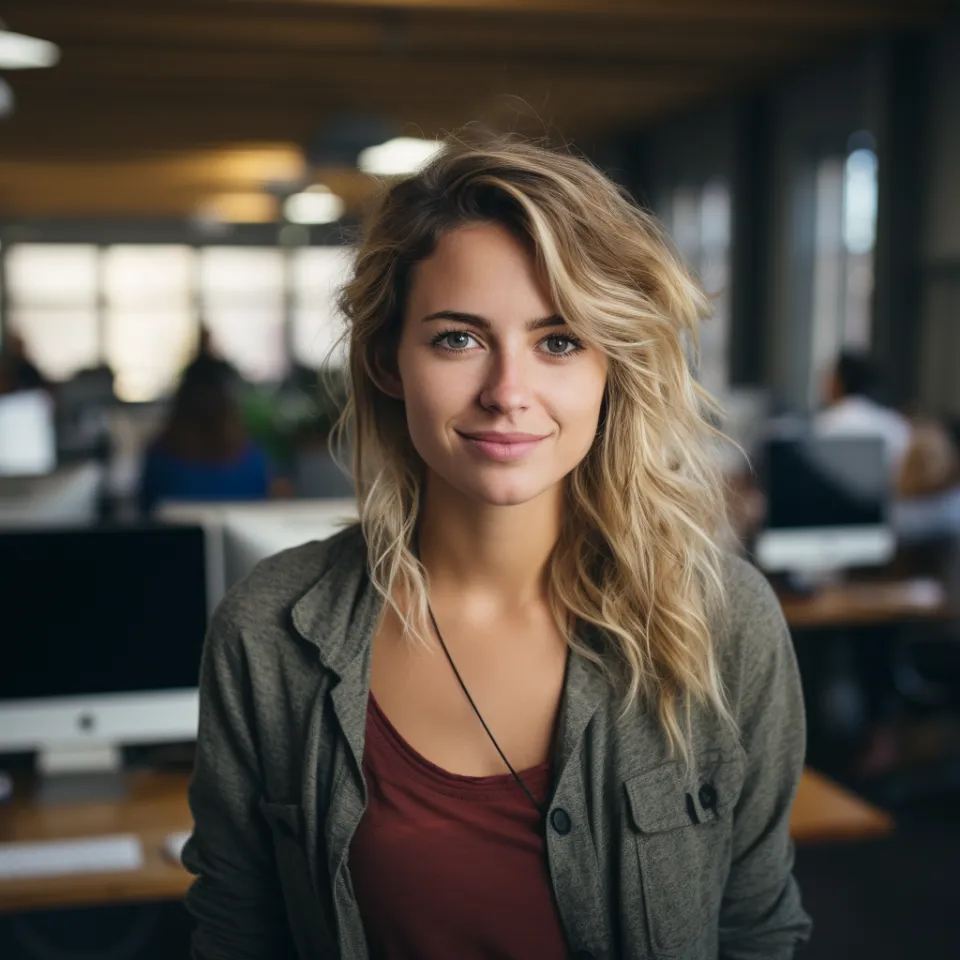 Jovem mulher sorrindo no local de trabalho