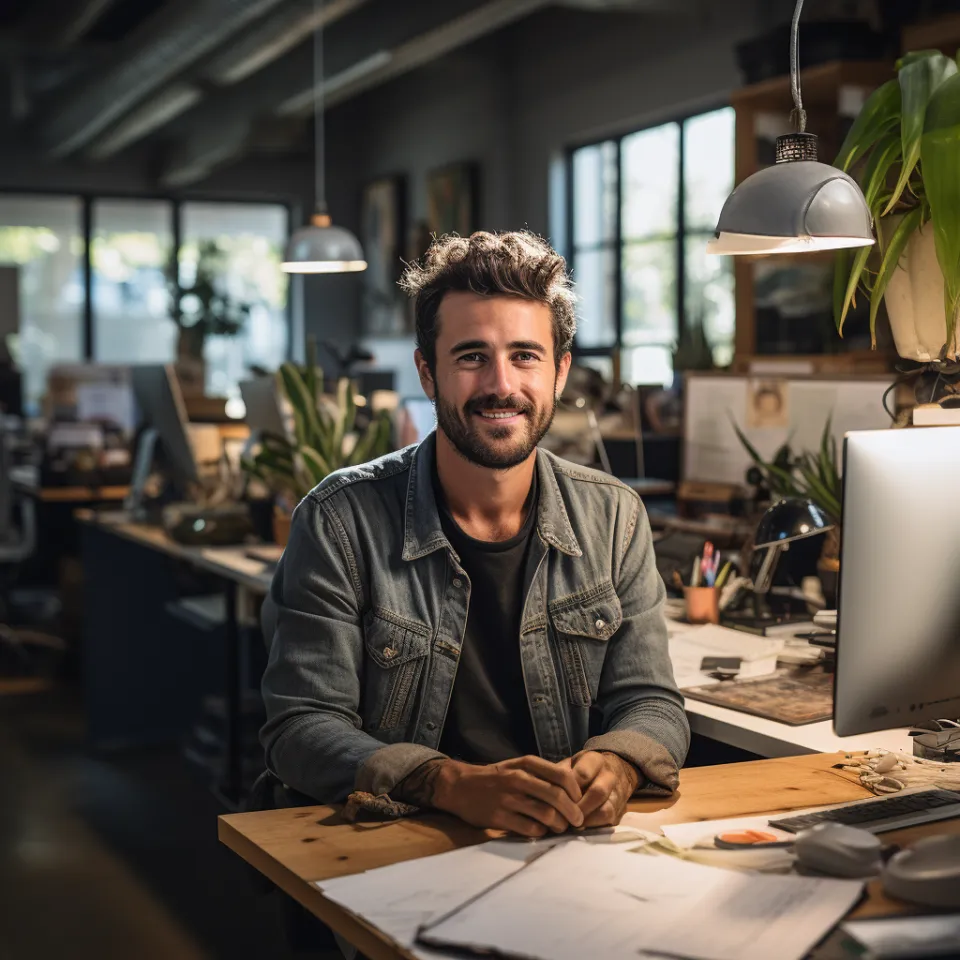 Homem sorrindo em ambiente profissional