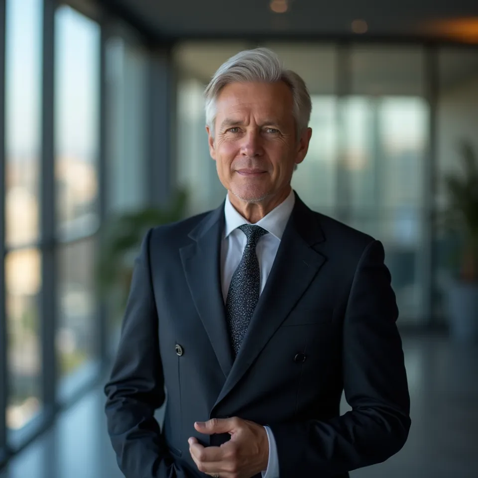 Homem de óculos posando no escritório